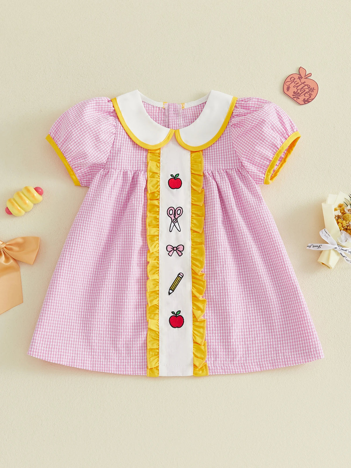 Girls Embroidered Plaid A-Line Dress with Peter Pan Collar