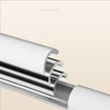 Close-up view of an adjustable stainless steel tension shower curtain rod with a white finish.