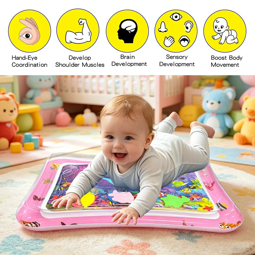 A baby is playing on a pink inflatable ocean-themed water play mat surrounded by developmental activity icons.
