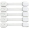 White adjustable baby safety locks designed to secure cabinets, drawers, and refrigerators.