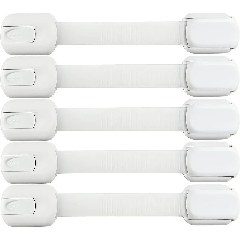 White adjustable baby safety locks designed to secure cabinets, drawers, and refrigerators.