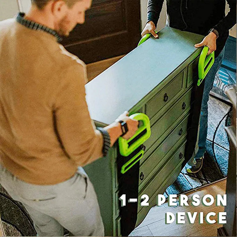 A person is using a green heavy-duty furniture moving strap with comfort grip handles to move a cabinet.