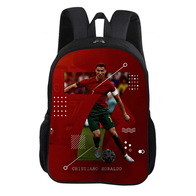 A red soccer player graphic on a black backpack featuring Cristiano Ronaldo's name.