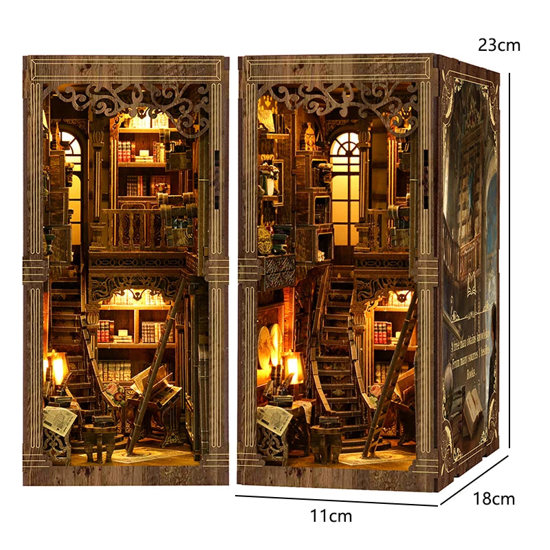 A detailed wooden book nook kit featuring intricate shelving, stairs, and LED lighting, displayed in a vertical format.
