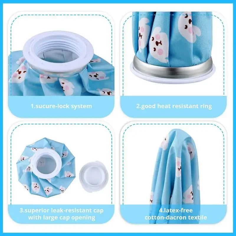 Reusable multi-use ice and heat therapy pack featuring a blue fabric with a secure-lock system and heat-resistant ring.