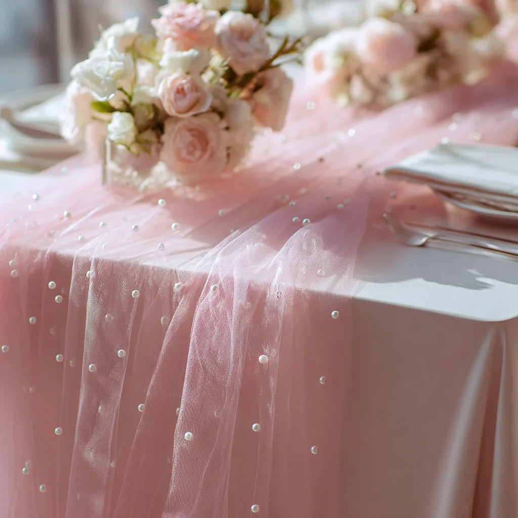 Pink Pearl Tulle Table Runner for Wedding and Event Decor