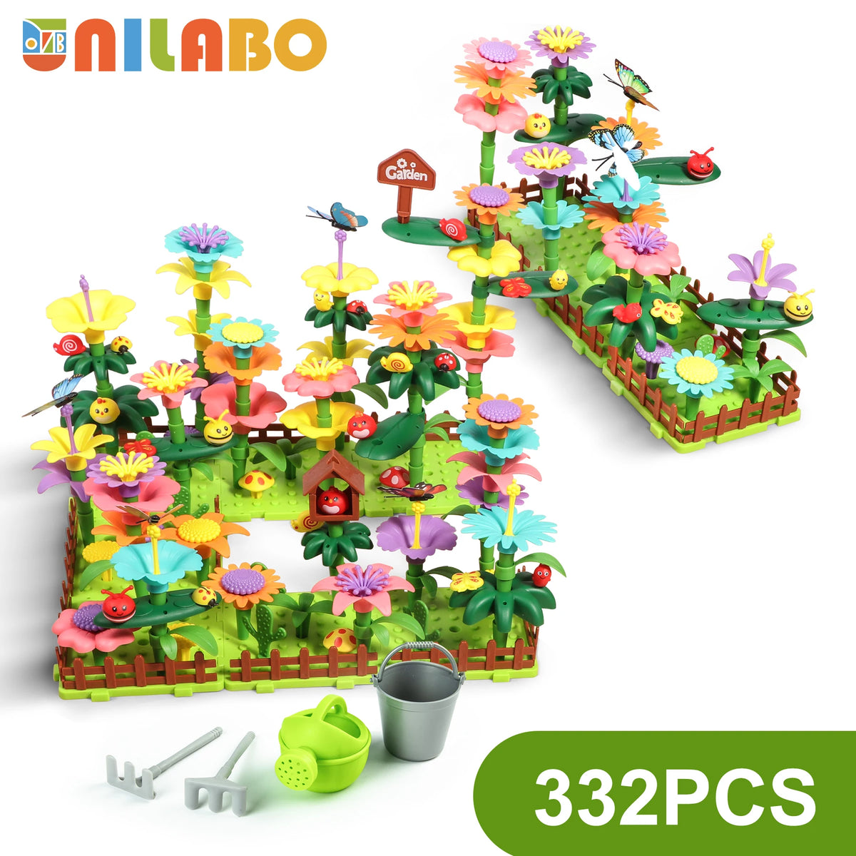 A green and yellow flower garden building toy set with various colorful flowers and plants for kids