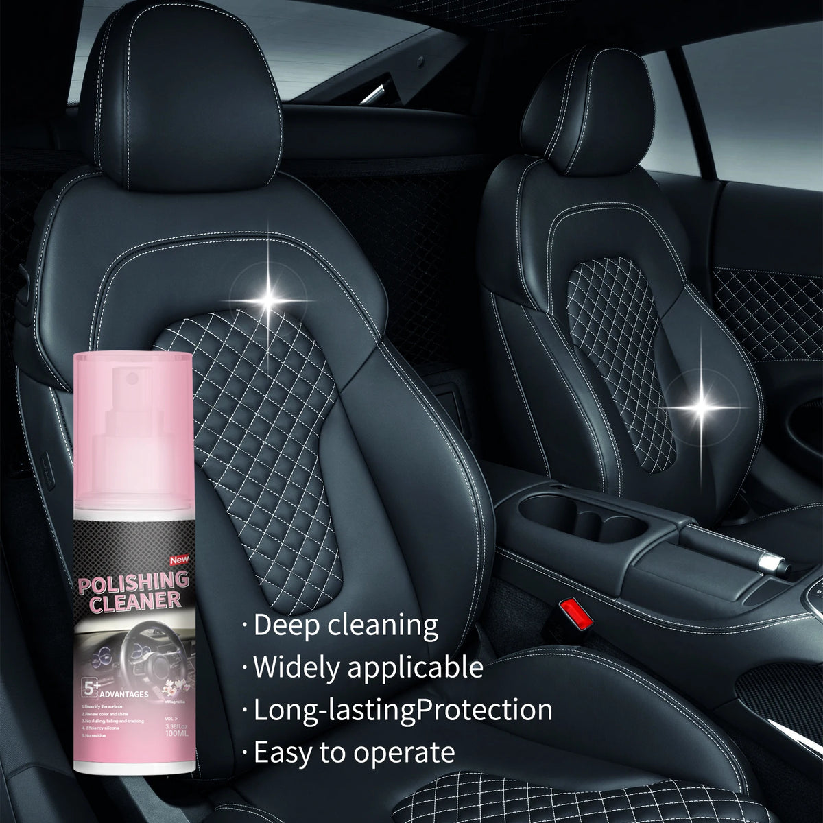 A bottle of polishing cleaner is shown in a car interior setting with black leather seats visible.