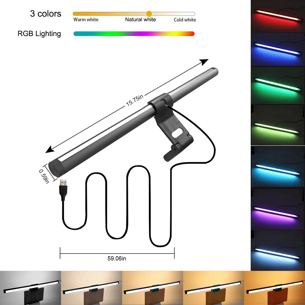 A USB powered anti-glare monitor light bar with stepless dimming shown in various colors and lighting modes.