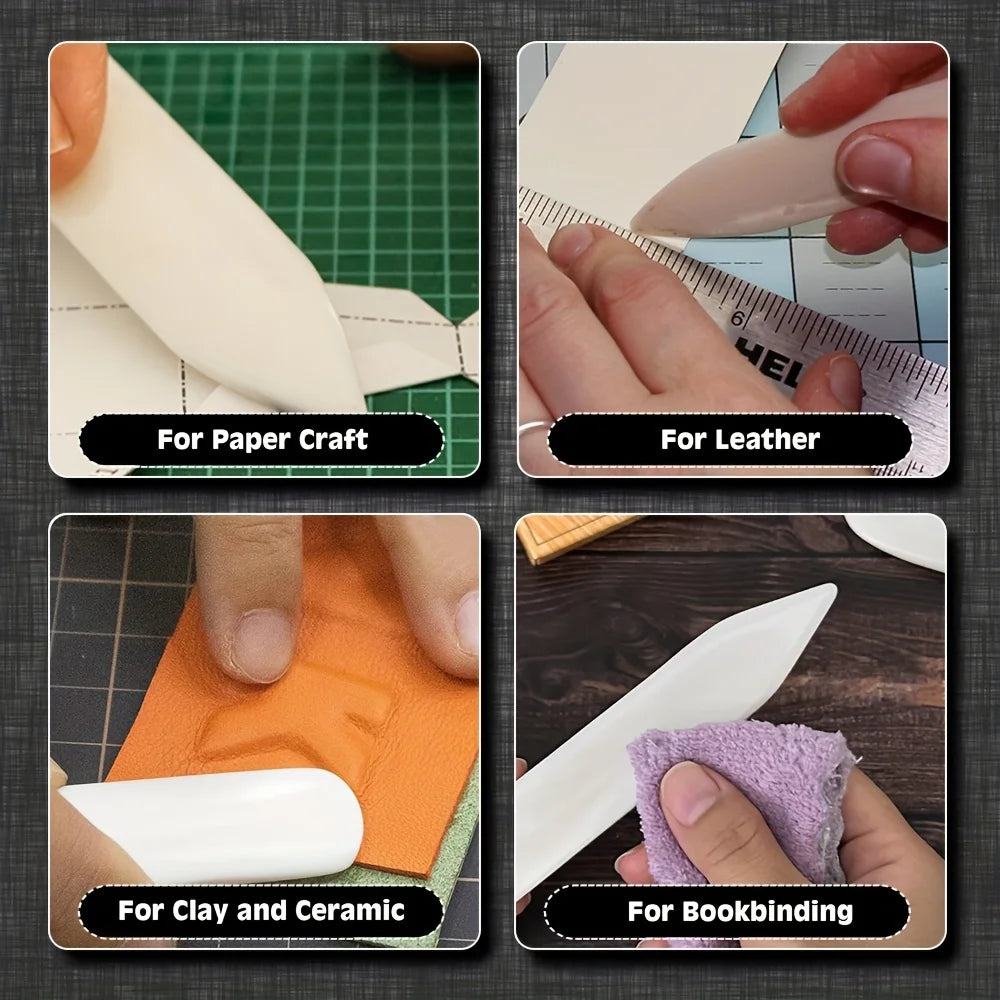 A set of plastic bone folders and crease markers used for crafting paper, leather, clay, ceramic, and bookbinding.