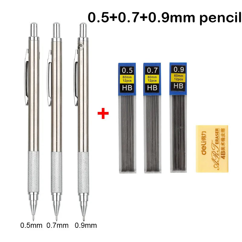 A set of full metal mechanical pencils in 0.5, 0.7, and 0.9mm sizes with HB lead tips.