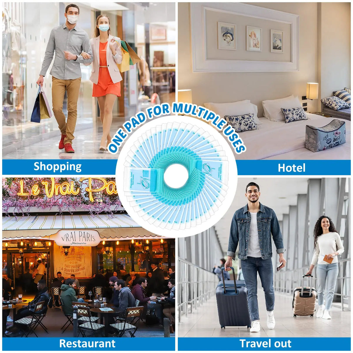 A collage showing disposable toilet seat covers used for shopping, hotel stays, restaurants, and travel.