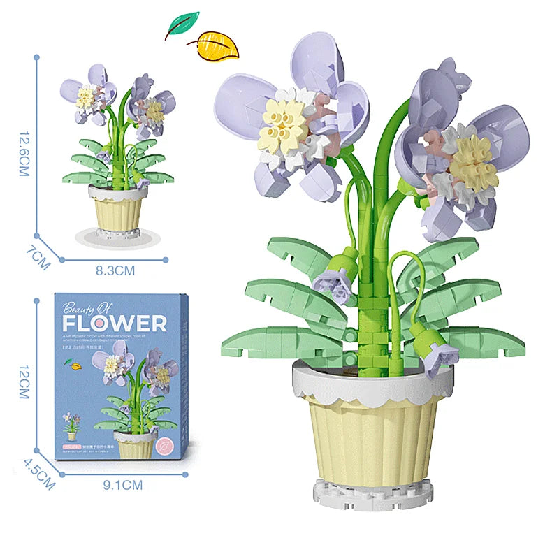 A set of creative flower pot building blocks showing a purple flower plant with green leaves and a yellow flower.