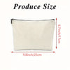 A beige canvas makeup bag shown flat with dimensions 9.8 inches by 6.7 inches.