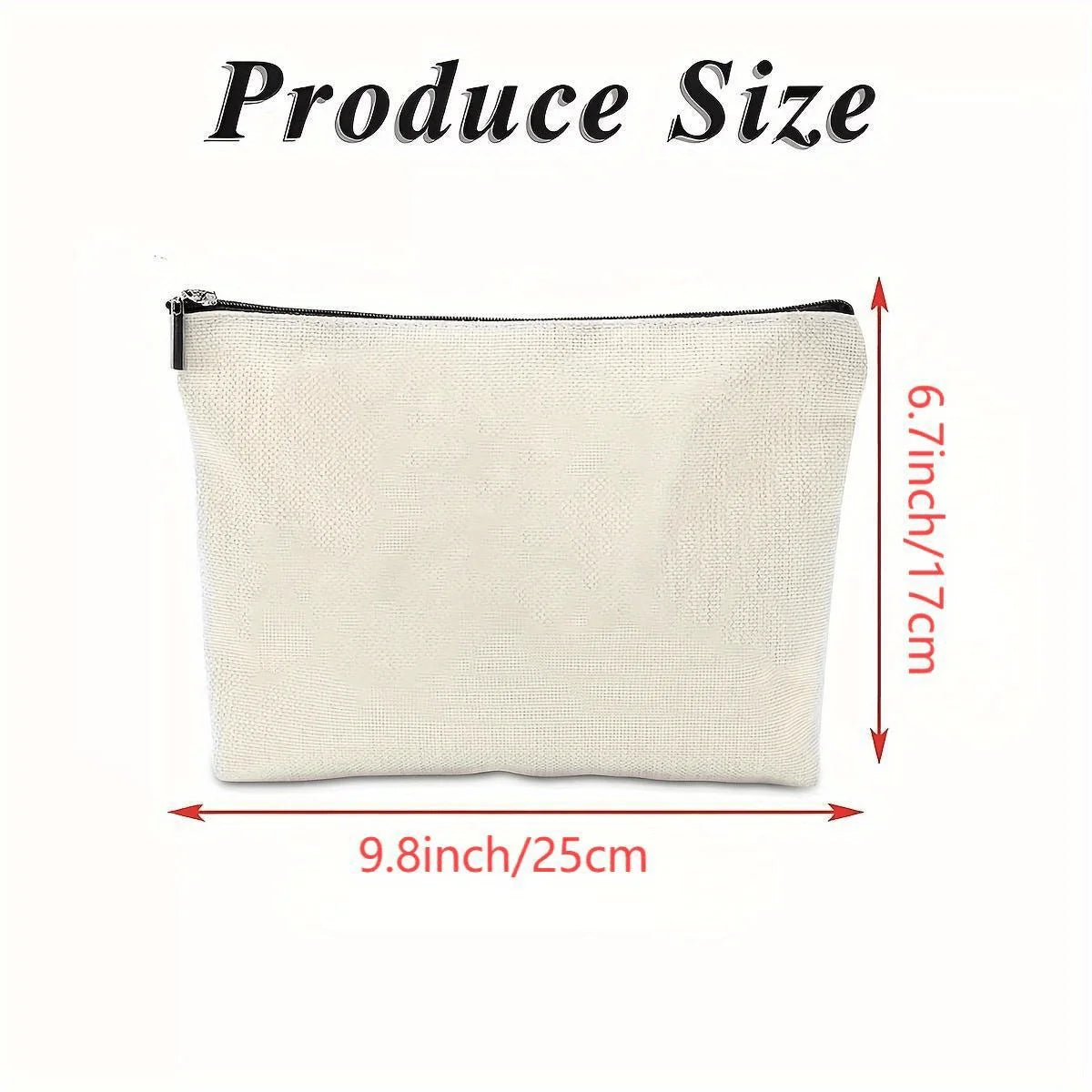A beige canvas makeup bag shown flat with dimensions 9.8 inches by 6.7 inches.