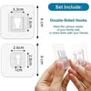 A set of double-sided transparent adhesive wall hooks shown with dimensions and a hand demonstrating their use.
