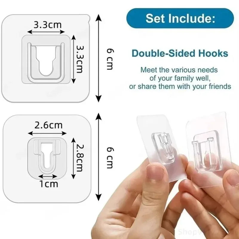 A set of double-sided transparent adhesive wall hooks shown with dimensions and a hand demonstrating their use.