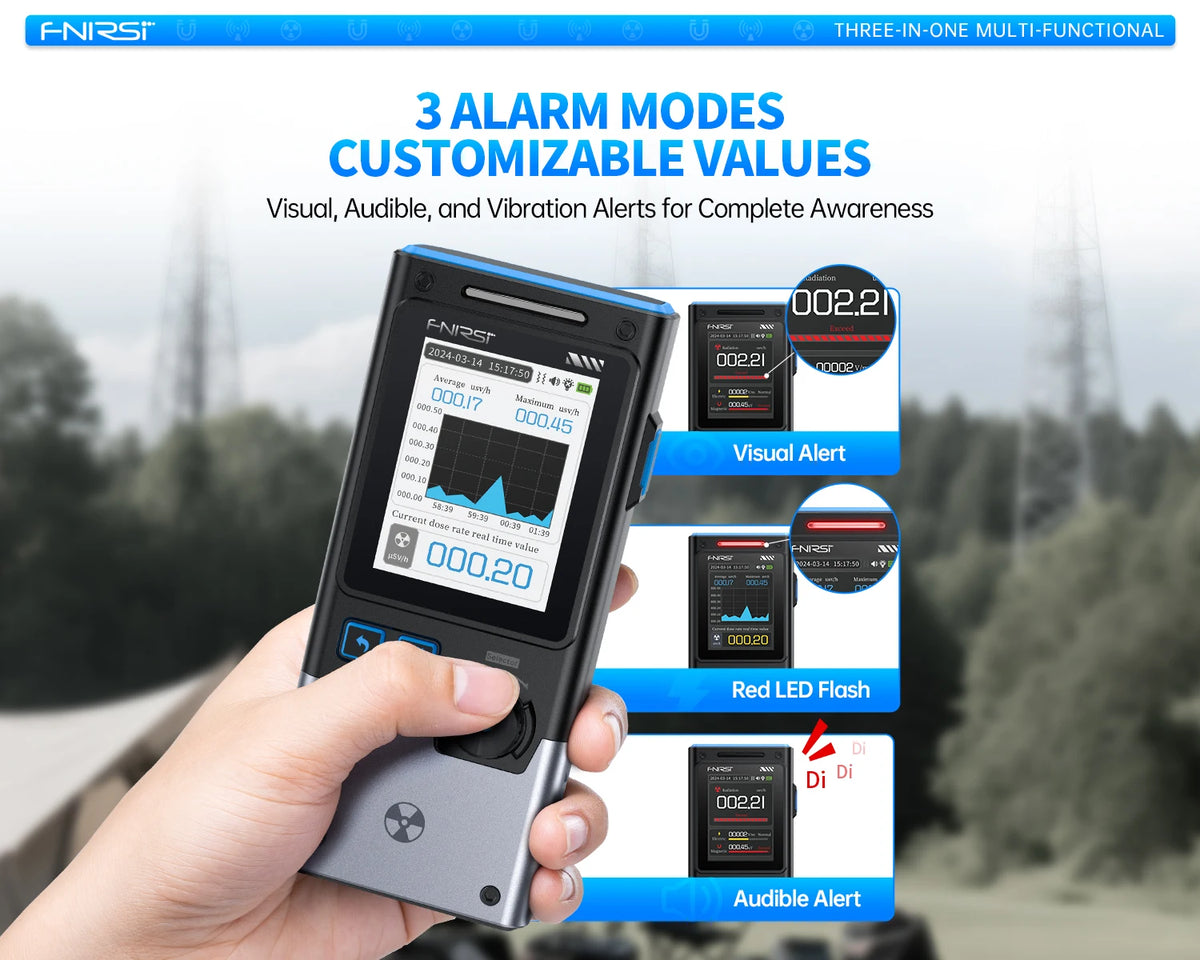 A hand holds an F-NIRST multi-functional device displaying various alert modes including visual, LED flash, and audible alert