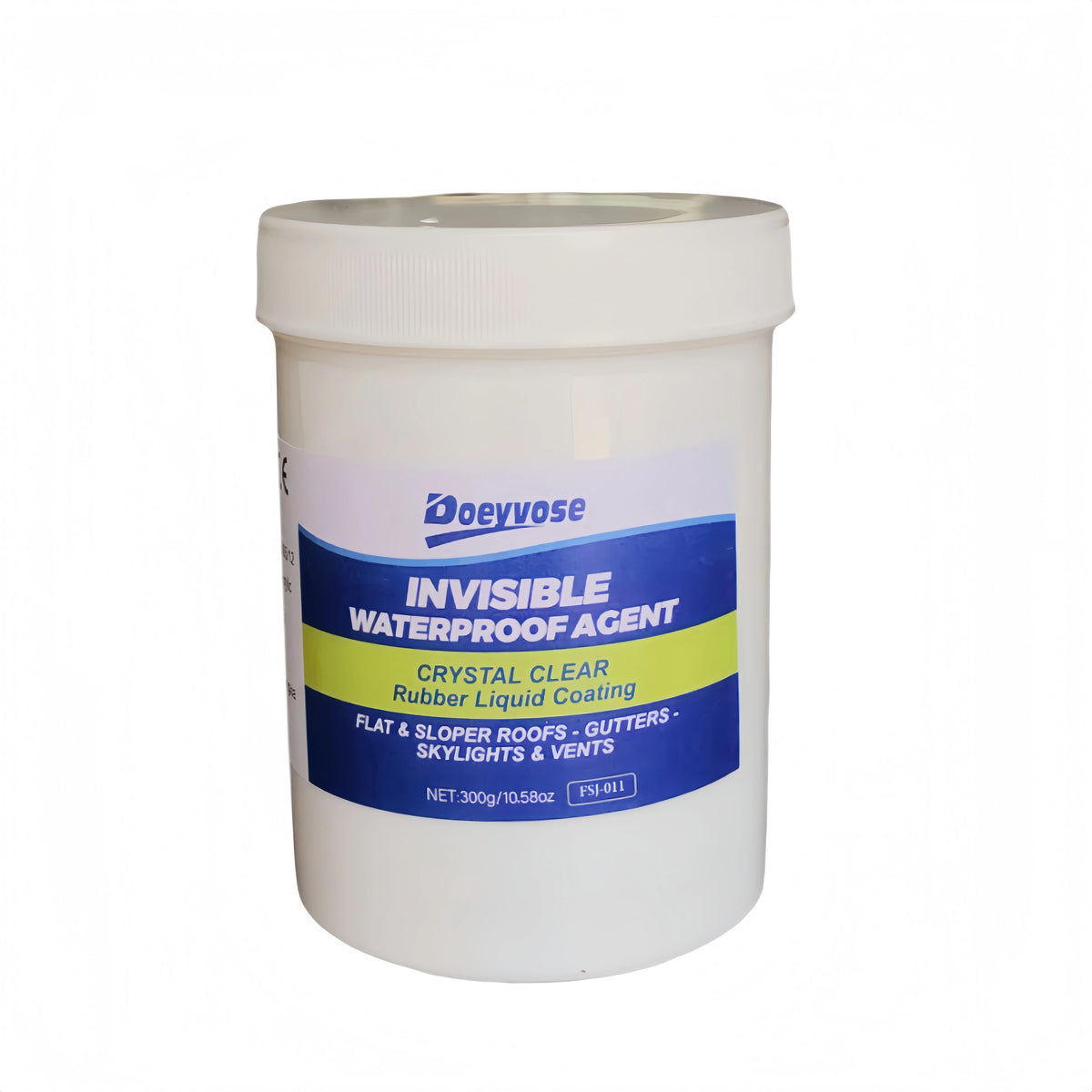 A white plastic container of Doeyvose Invisible Waterproof Agent crystal clear rubber liquid coating for flat and sloped roof