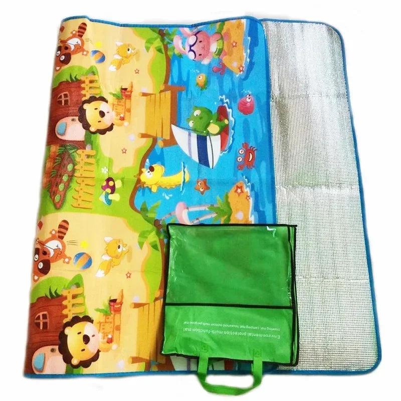 A colorful soft EVA foam baby play mat featuring a farm animal design with various bright colors.