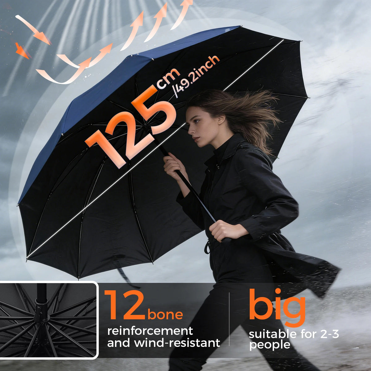 Large Manual Umbrella with Reinforced 12-Bone Frame