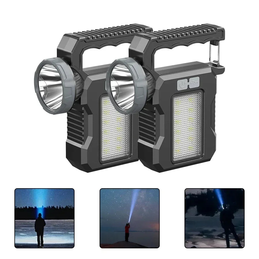 A black solar-powered LED flashlight with a textured grip and multiple LED flash heads is shown alongside outdoor usage examp