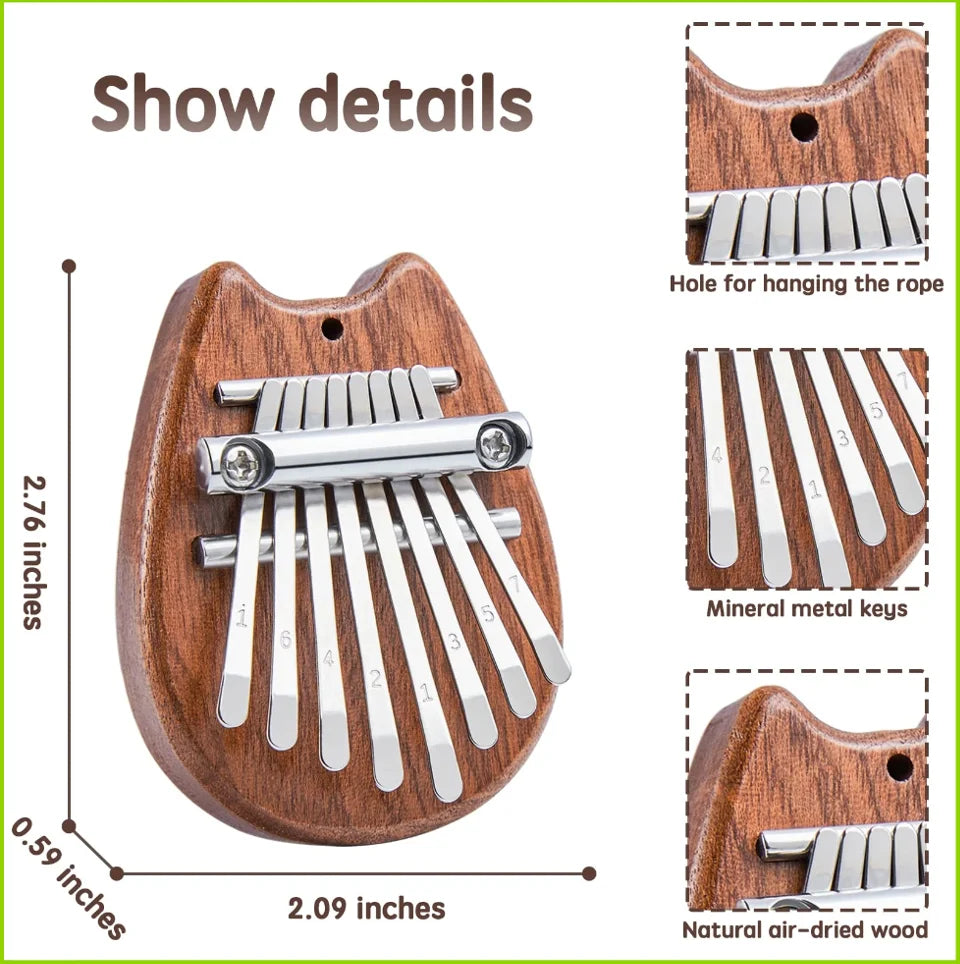 A wooden kalimba instrument showing its details including metal keys and natural air-dried wood.
