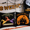 Un juego de fundas de almohada temáticas de Halloween con textos como Sanderson Sister y Trick or Treat en tela negra.