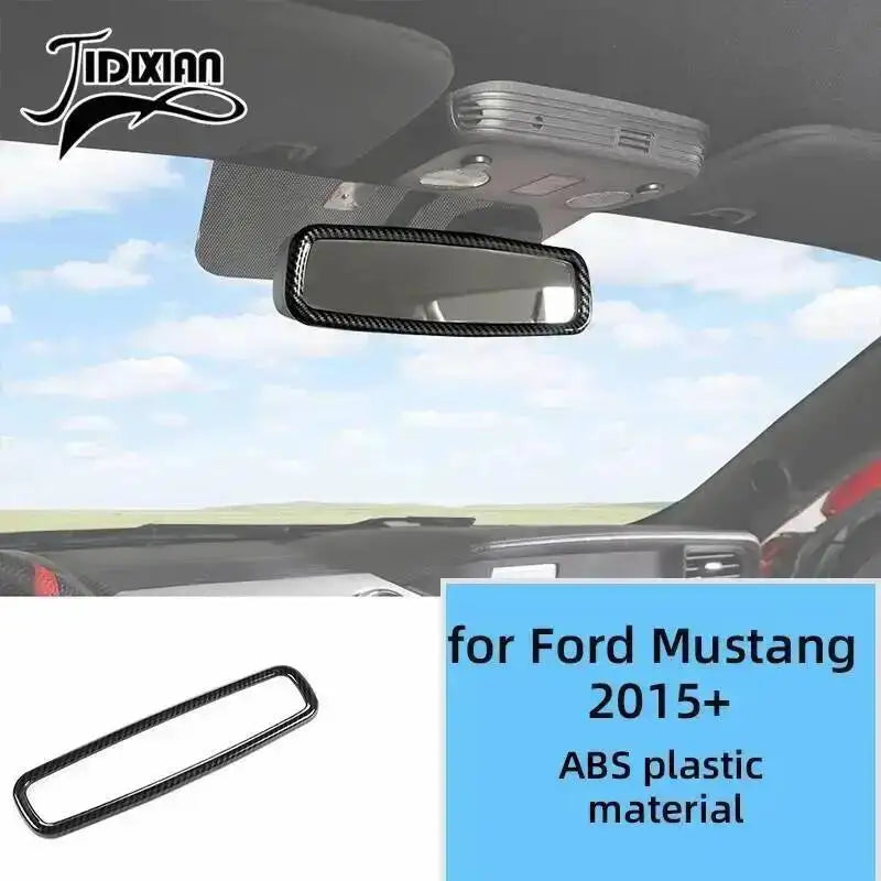 Carbon fiber grain decorative trim kit for Ford Mustang featuring a rearview mirror.