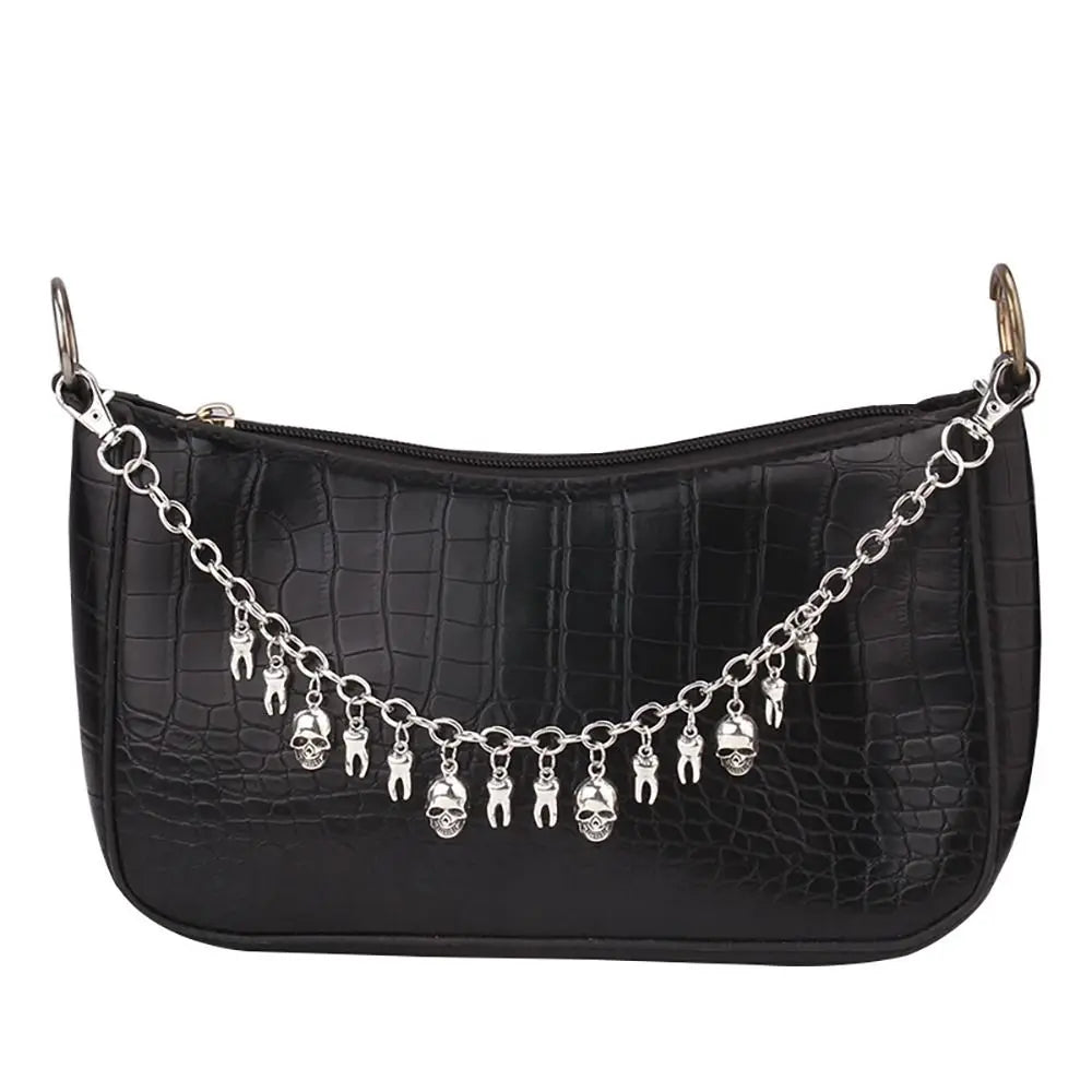 Black faux crocodile leather handbag with an elegant metal chain strap