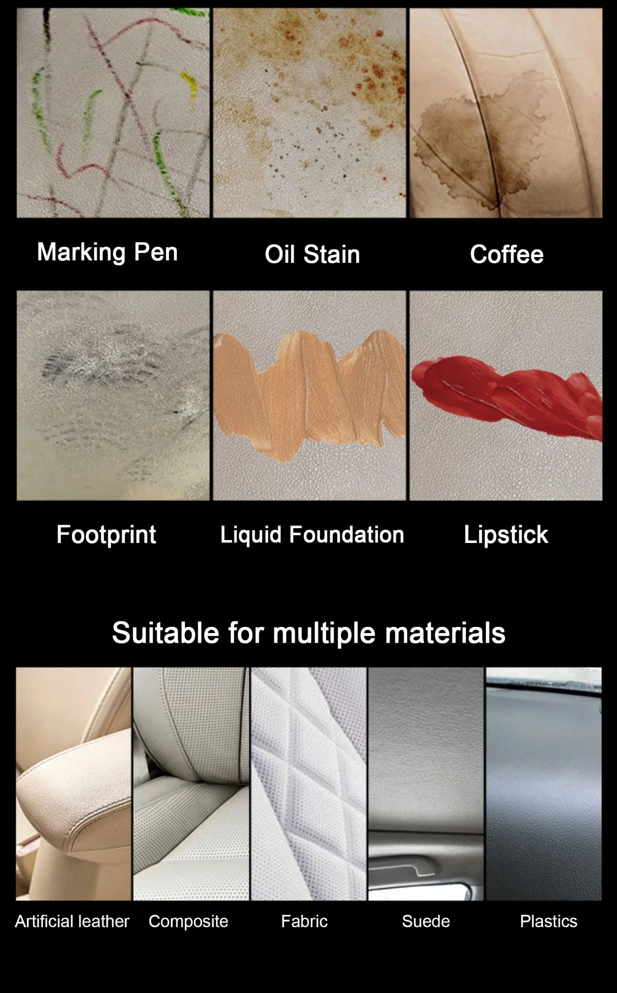 A set of multi-surface markers and stains including marking pen, oil stain, coffee, footprint, liquid foundation, lipstick, a