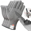 Gray cut-resistant work gloves shown on a hand, highlighting the EN388 Grade 5 certification.