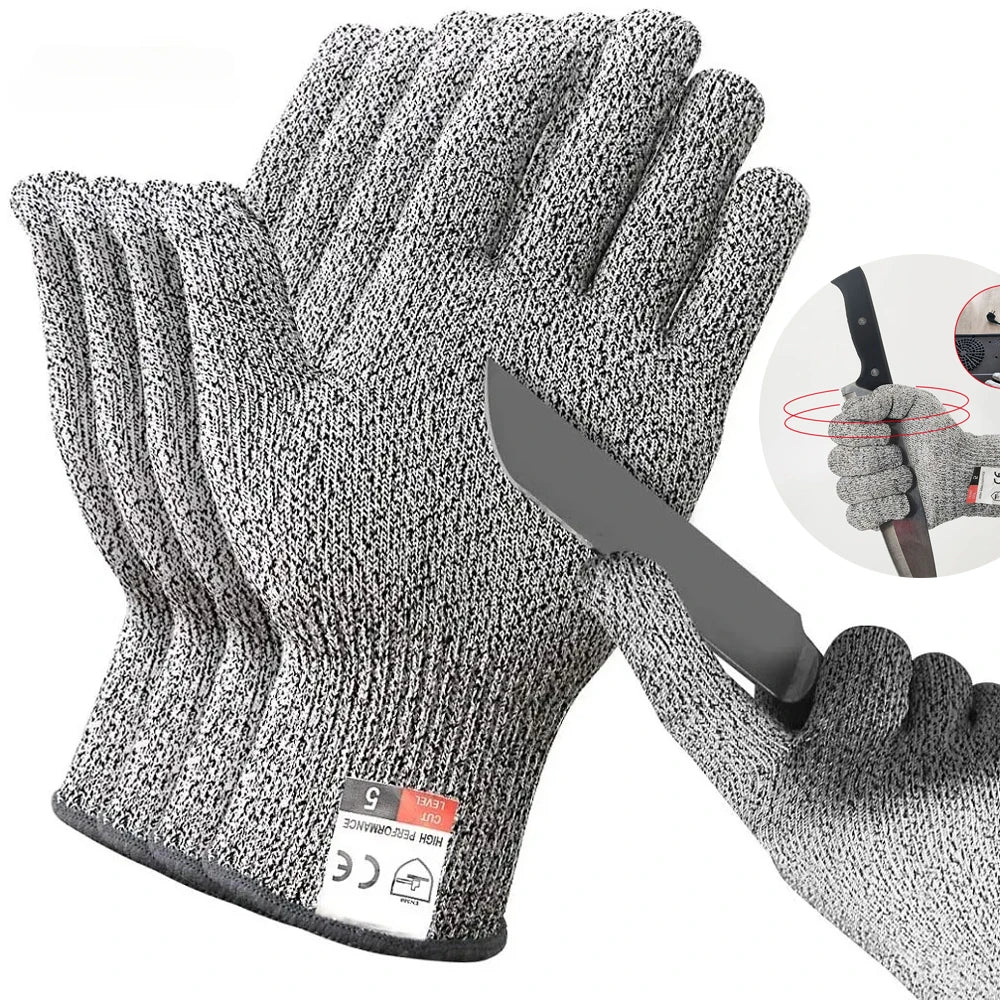 Gray cut-resistant work gloves shown on a hand, highlighting the EN388 Grade 5 certification.