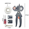 Precision grafting pruner with three interchangeable blades and a small knife shown next to its dimensions.