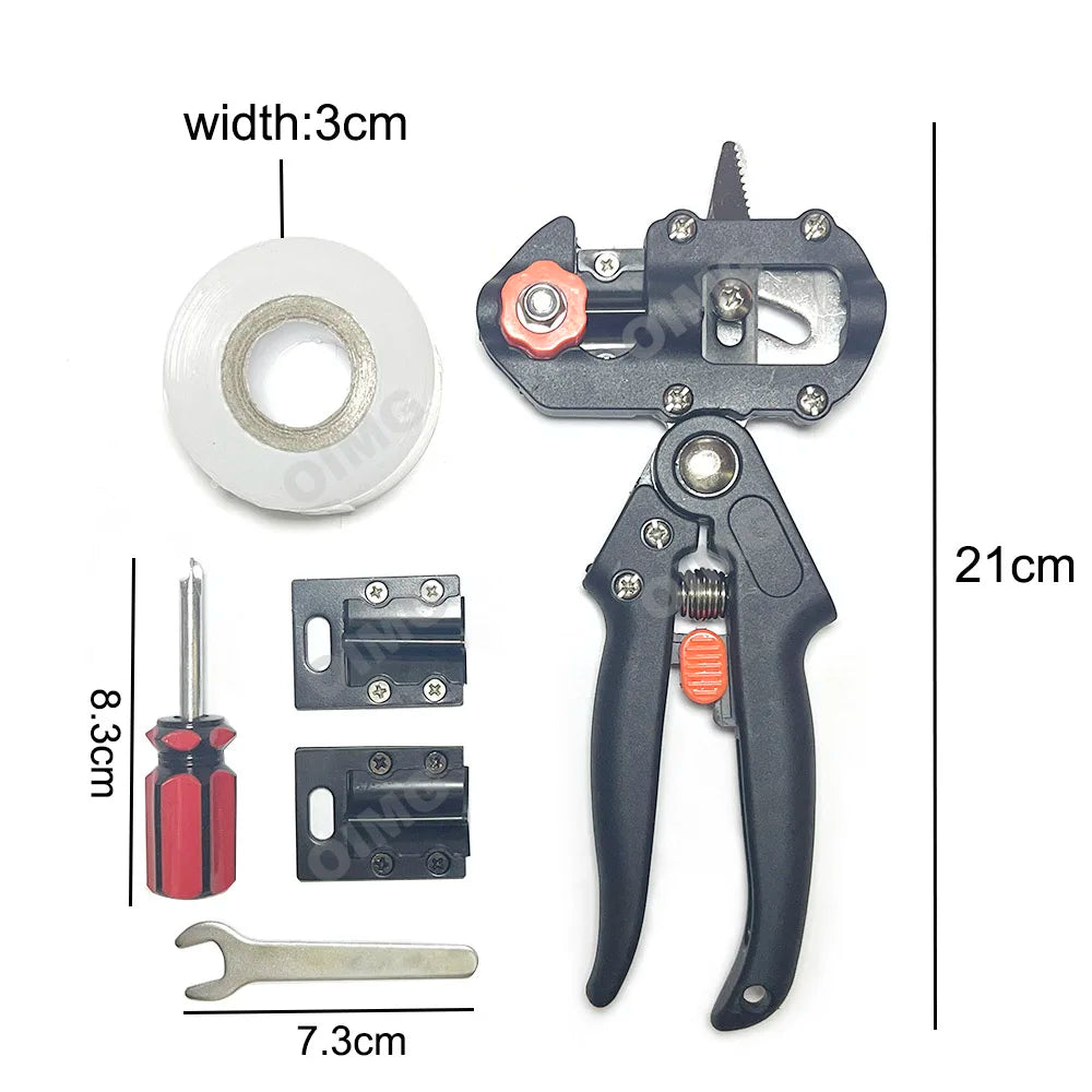 Precision grafting pruner with three interchangeable blades and a small knife shown next to its dimensions.
