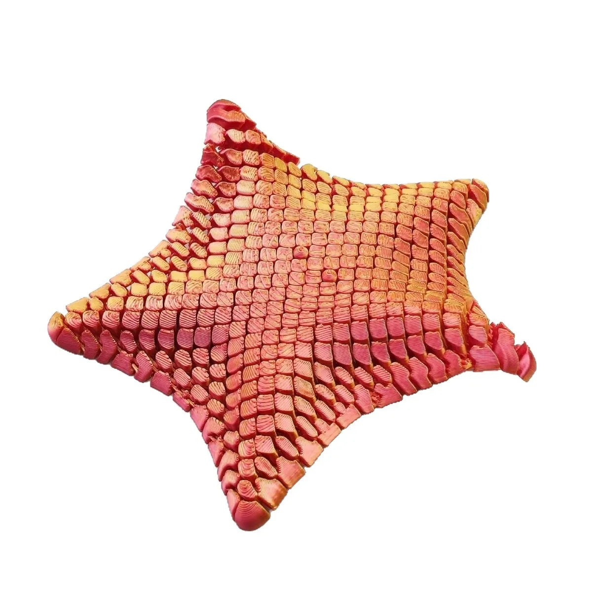 A 3D printed articulated starfish fidget toy with a textured, reddish-pink surface.