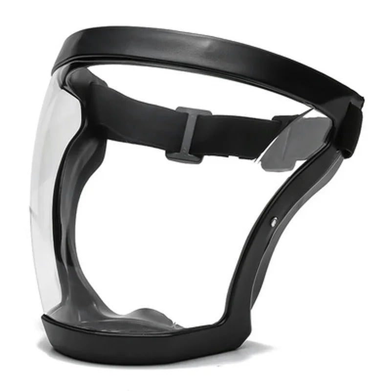 Black full face anti-fog splash shield with a clear visor and adjustable strap