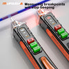 A black non-contact AC voltage detector pen with red and green buttons is shown next to a blue measuring rod.
