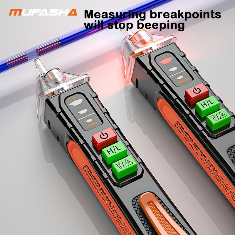 A black non-contact AC voltage detector pen with red and green buttons is shown next to a blue measuring rod.