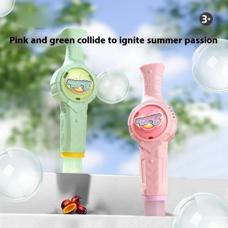 A pink and green bubble machine is shown against a light blue background with green foliage.