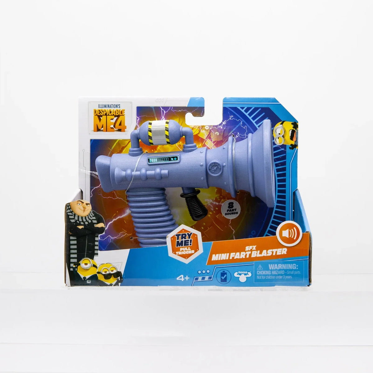A box of Minions Despicable Me Mini Fart Blaster toy featuring a purple blaster and yellow Minion figures.