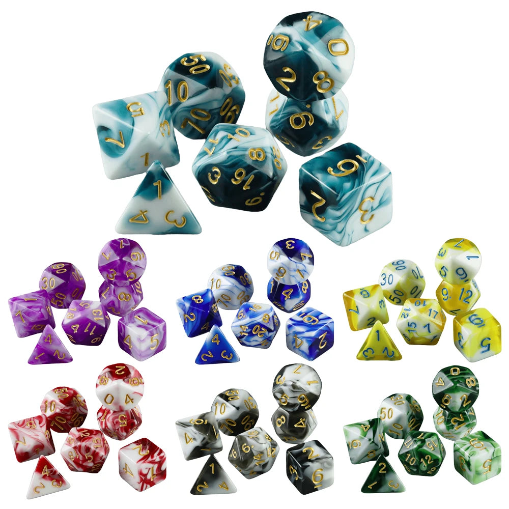A collection of seven polyhedral dice in various colors and patterns for tabletop role-playing games