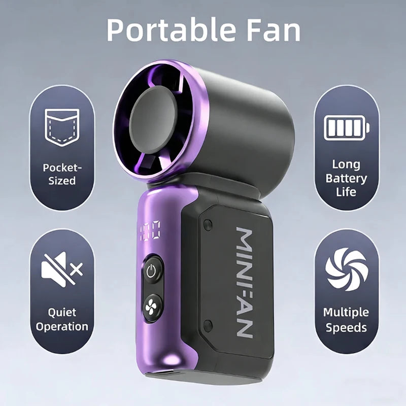 Petit ventilateur portable violet et noir avec fonctionnalités comme taille, longue autonomie et fonctionnement silencieux