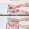 Before and after comparison showing the ergonomic design of a keyboard with wrist support for pain relief