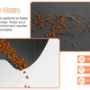 A pet feeding mat with a waterproof backing showing food scattered on the surface and options to wipe, rinse, or roll up.