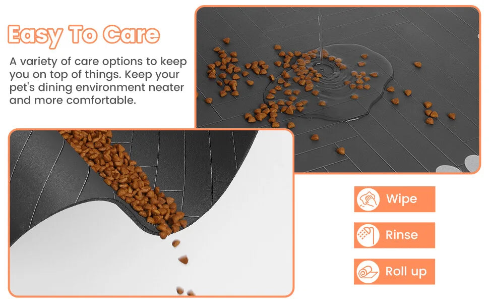 A pet feeding mat with a waterproof backing showing food scattered on the surface and options to wipe, rinse, or roll up.