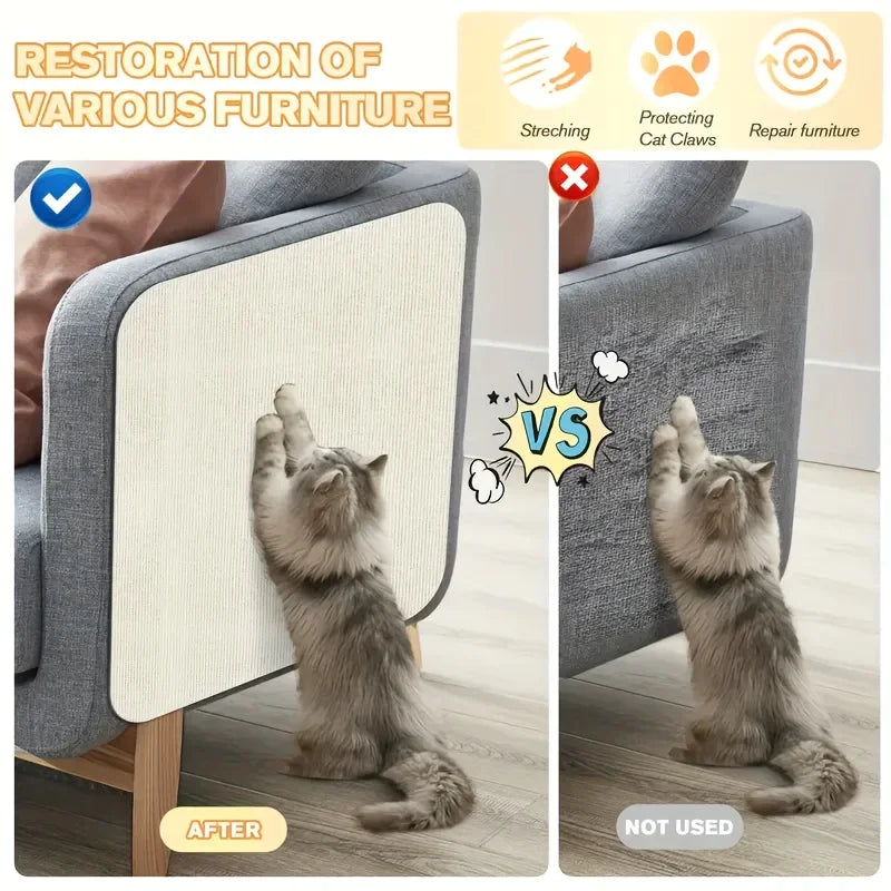Before and after comparison of a cat scratching mat protector on furniture.