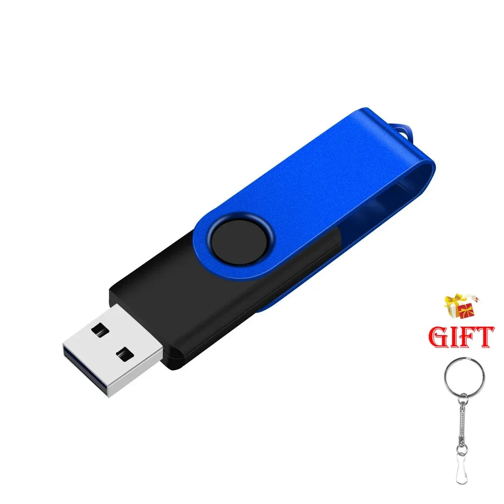 A blue portable USB 2.0 flash drive with a black casing and a metal keyring.