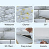 A set of white marble-look self-adhesive PVC tiles demonstrating waterproof, oilproof, DIY installation, 3D effect, easy tear