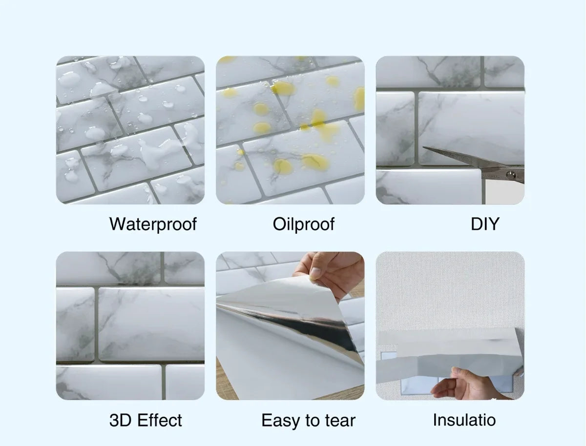 A set of white marble-look self-adhesive PVC tiles demonstrating waterproof, oilproof, DIY installation, 3D effect, easy tear